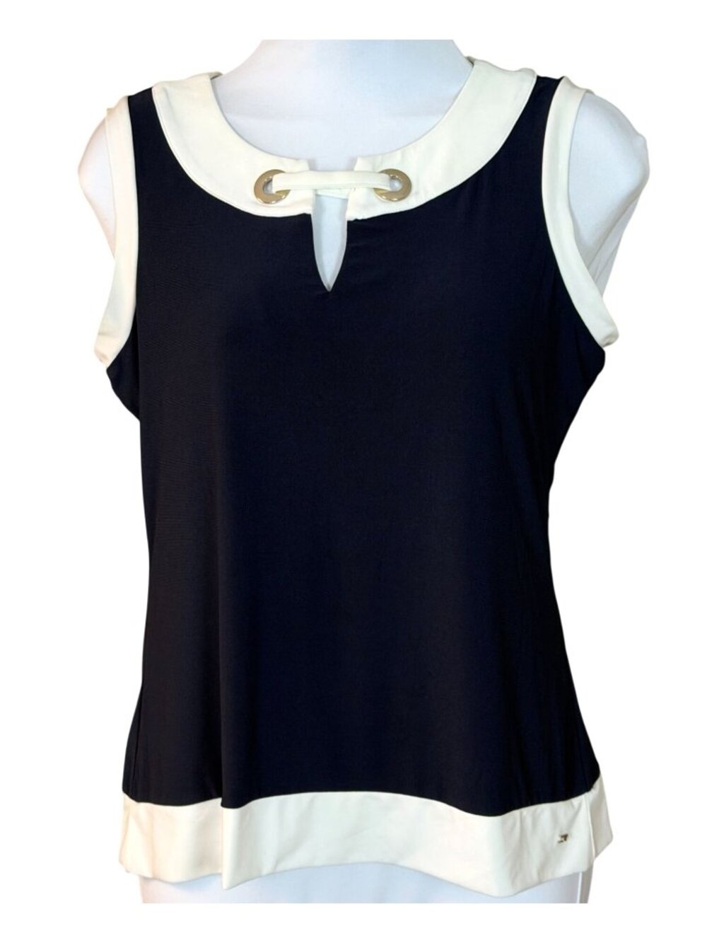 Tommy Hilfiger Sleeveless Navy Pullover Blouse White Trim Grommet Neck Small